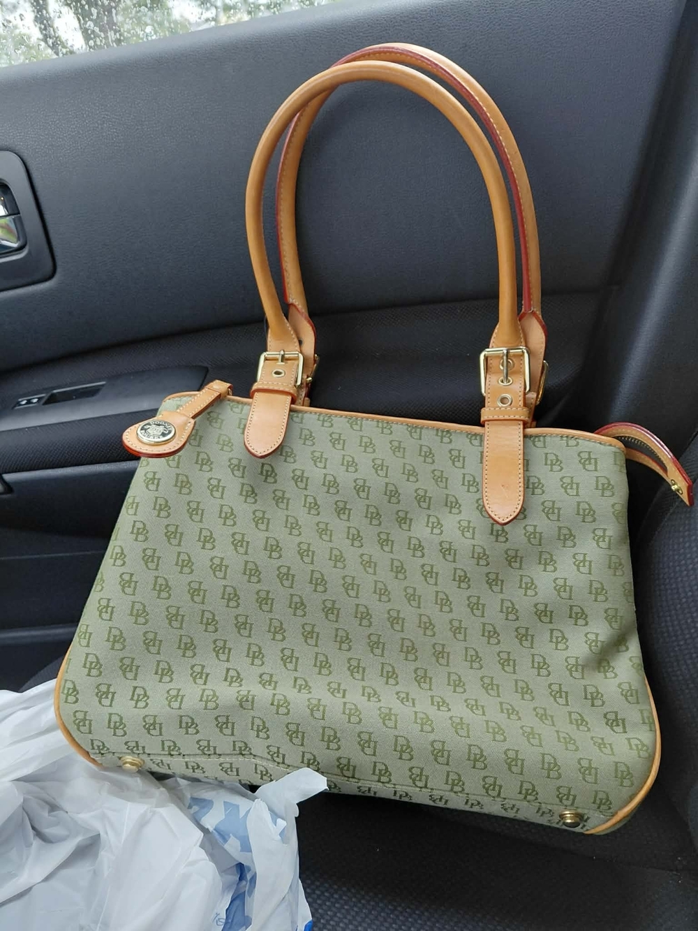 Dooney & Bourke Olive Green Monogram Satchel with Tan Trim